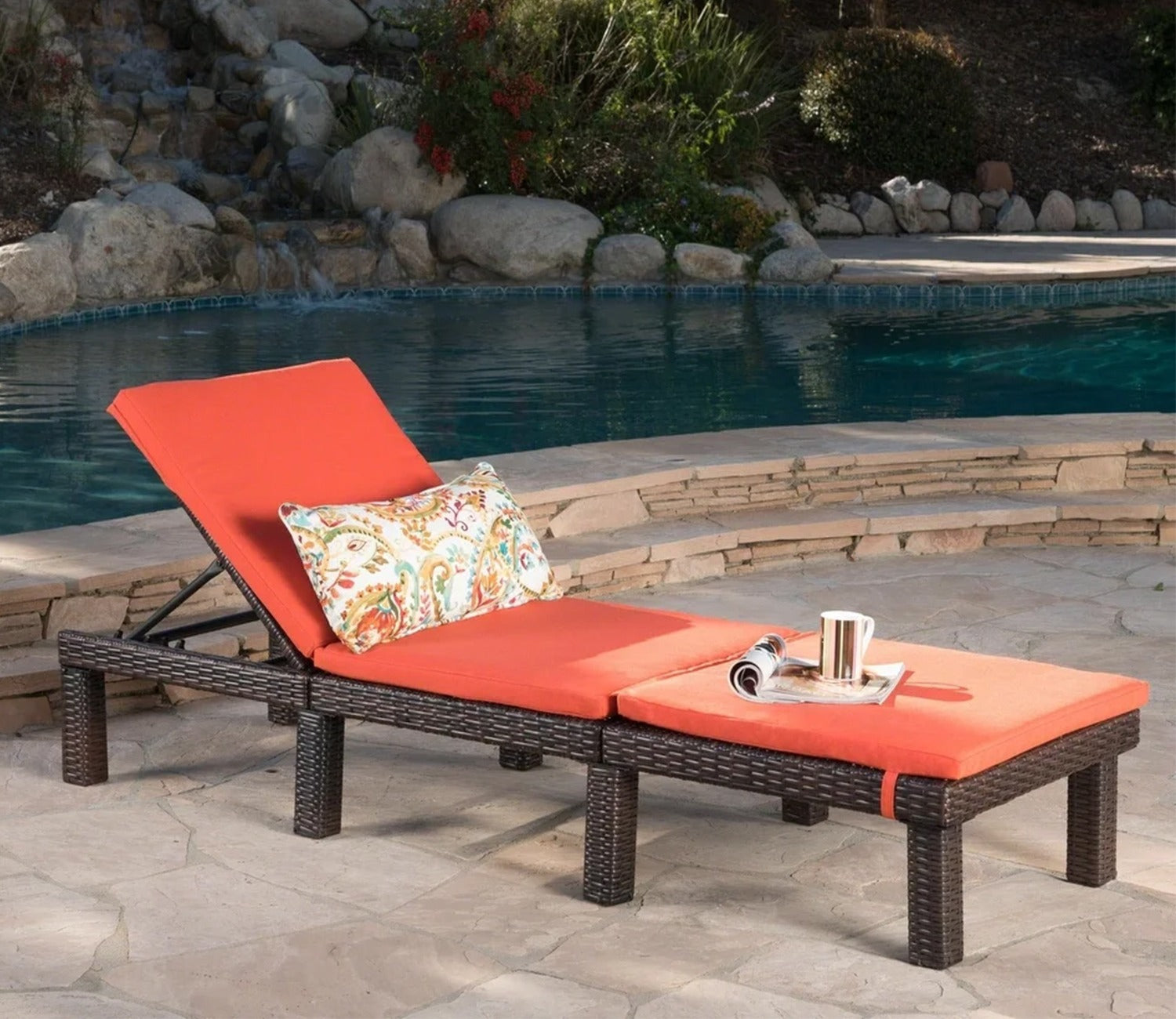 Dark Brown Adjustable Outdoor Patio Lounger With Orange Cushions