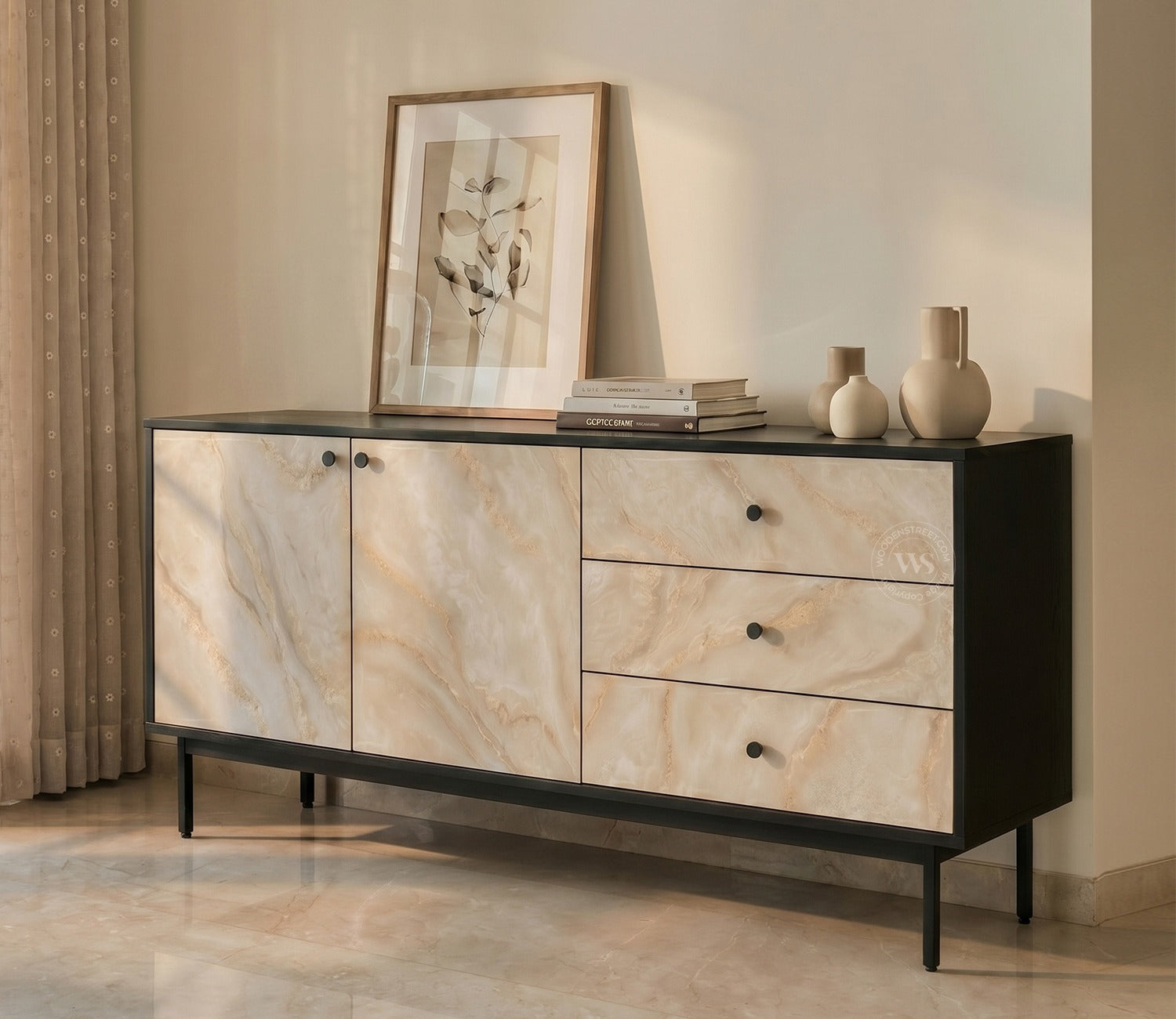 Marbay Modern Black Sideboard & Cabinet with Textured Front & Metal Base (Engineered Wood, Marble Pattern)