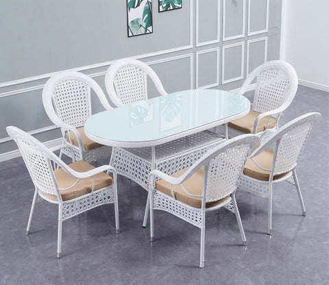 6 Seater Wicker Dining Table Set With Cream Cushions (White)