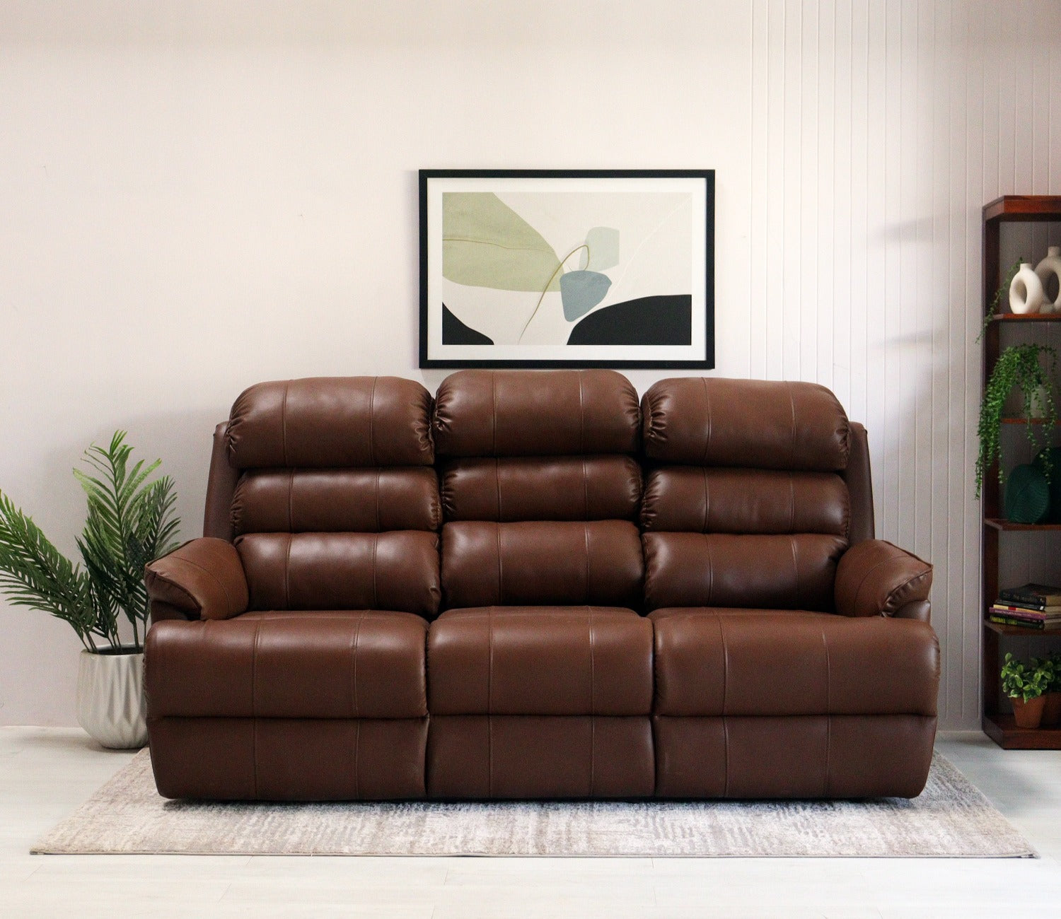 Valencia Motorized Leatherette Three Seater Middle Seat Fixed Recliner (Saddle Brown)