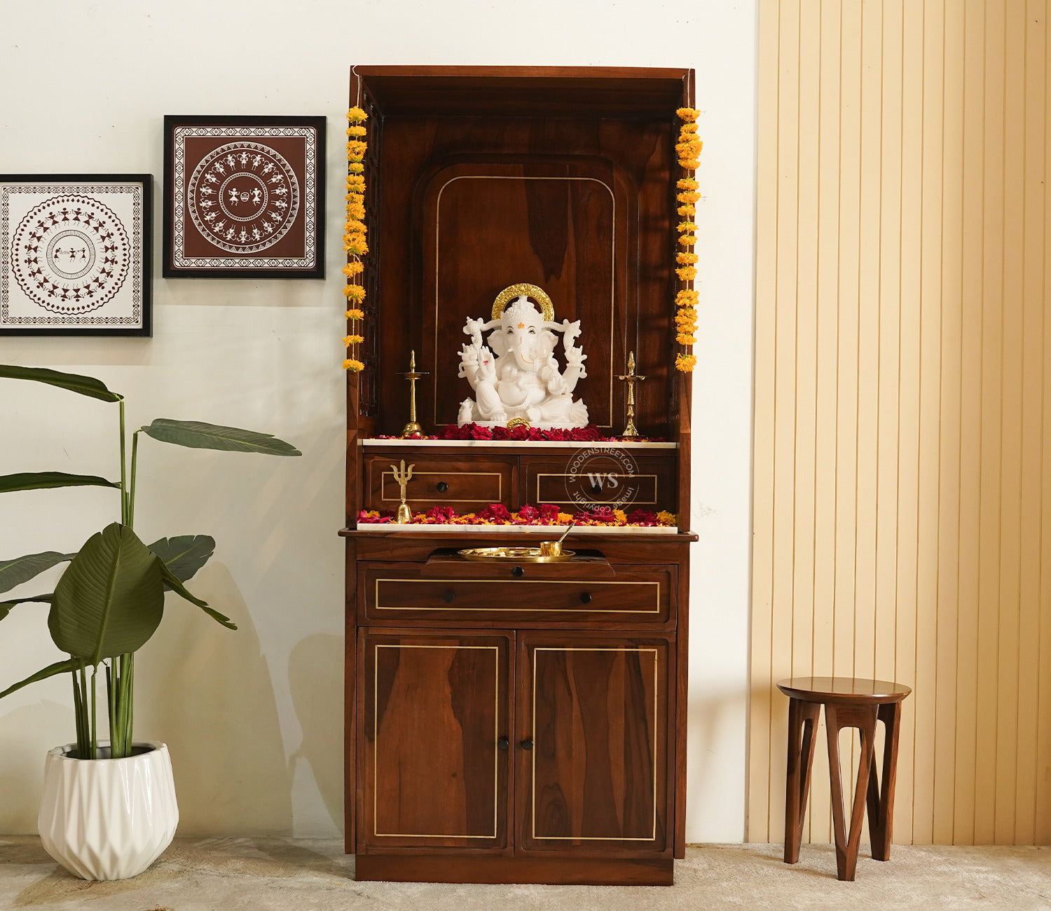 Daivik Sheesham Wood Home Temple with Brass Detailing (Teak Finish)
