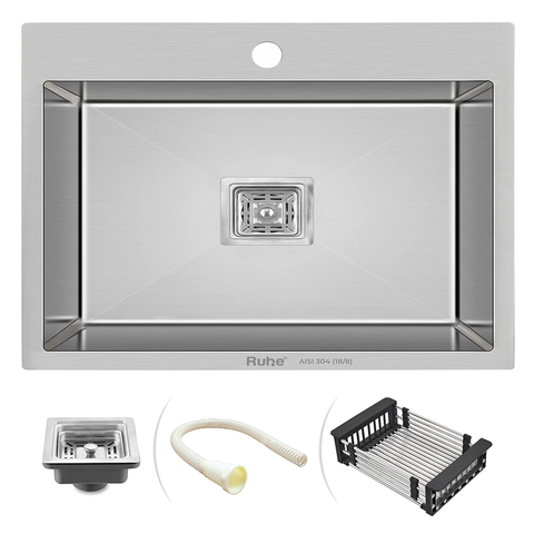 Trueliving Facy Silver_Handmade Single Bowl 304-Grade Kitchen Sink (24 x 18 x 10 Inches) with Tap Hole