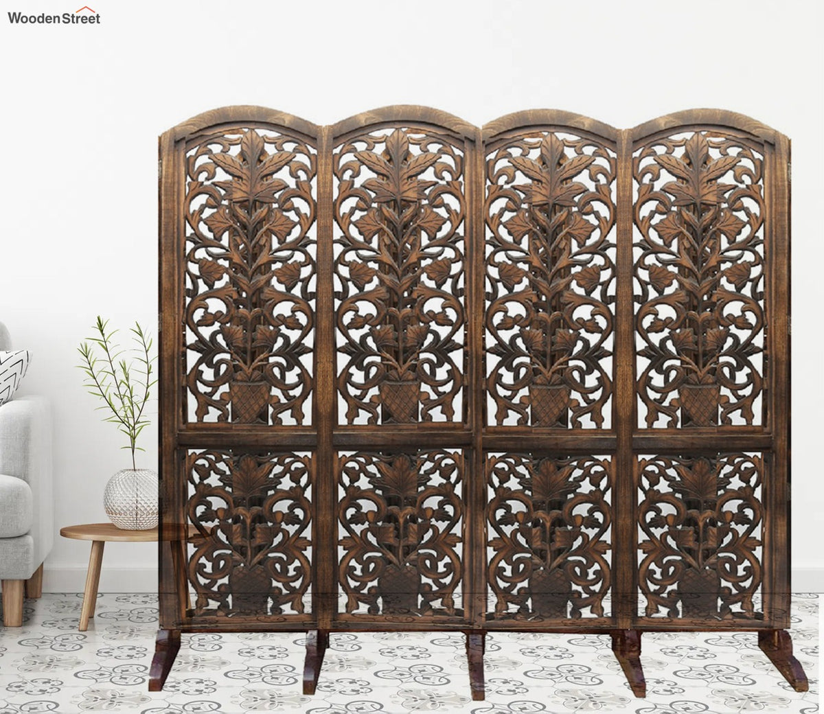 Jonathan Hand Carved Wooden Room Divider Four Panels In Plant With Floral Pattern With Stand