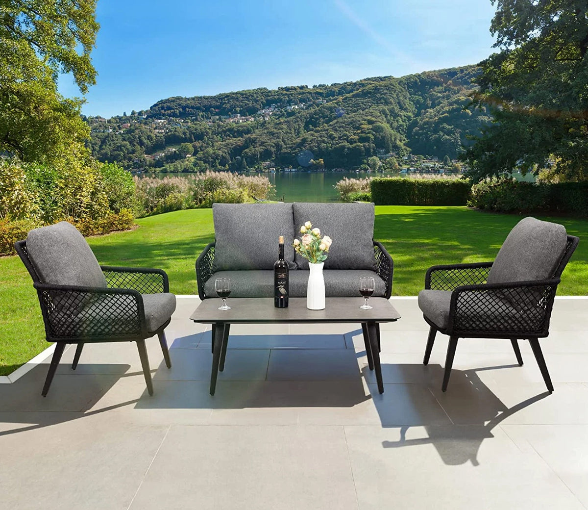 Black Rope 4 Seater With Table And Grey Cushions