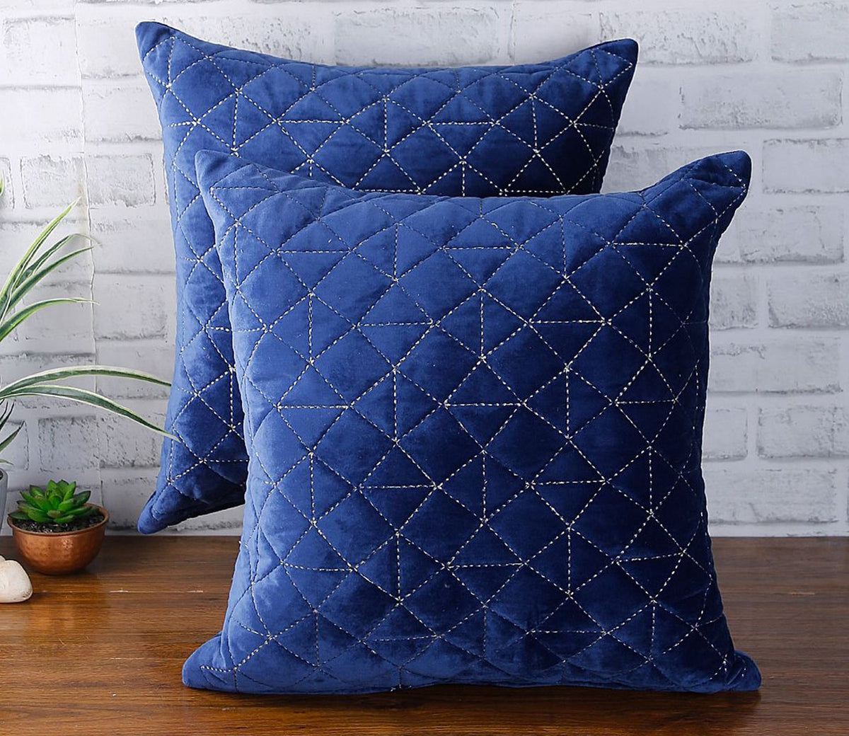 Velvet Quilted Cushion Cover - Set of 2 (Navy Blue, 18 x 18 inch)