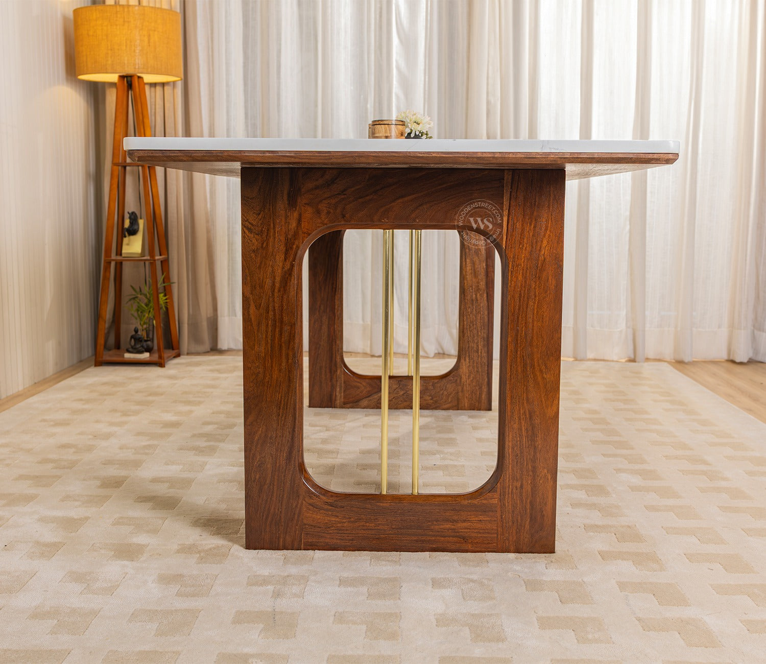 Mishaan-Koby 6 Seater Sheesham Wood Dining Table Set with Quartz Top (Teak Finish)