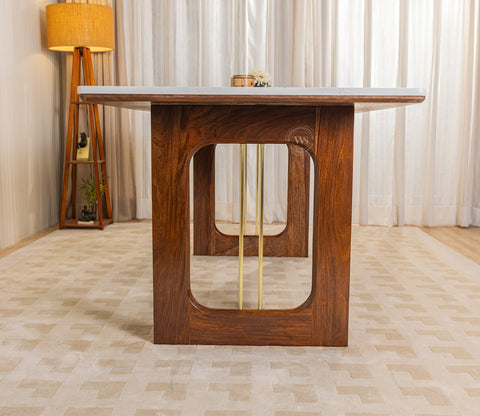 Mishaan-Koby 6 Seater Sheesham Wood Dining Table Set with Quartz Top (Teak Finish)
