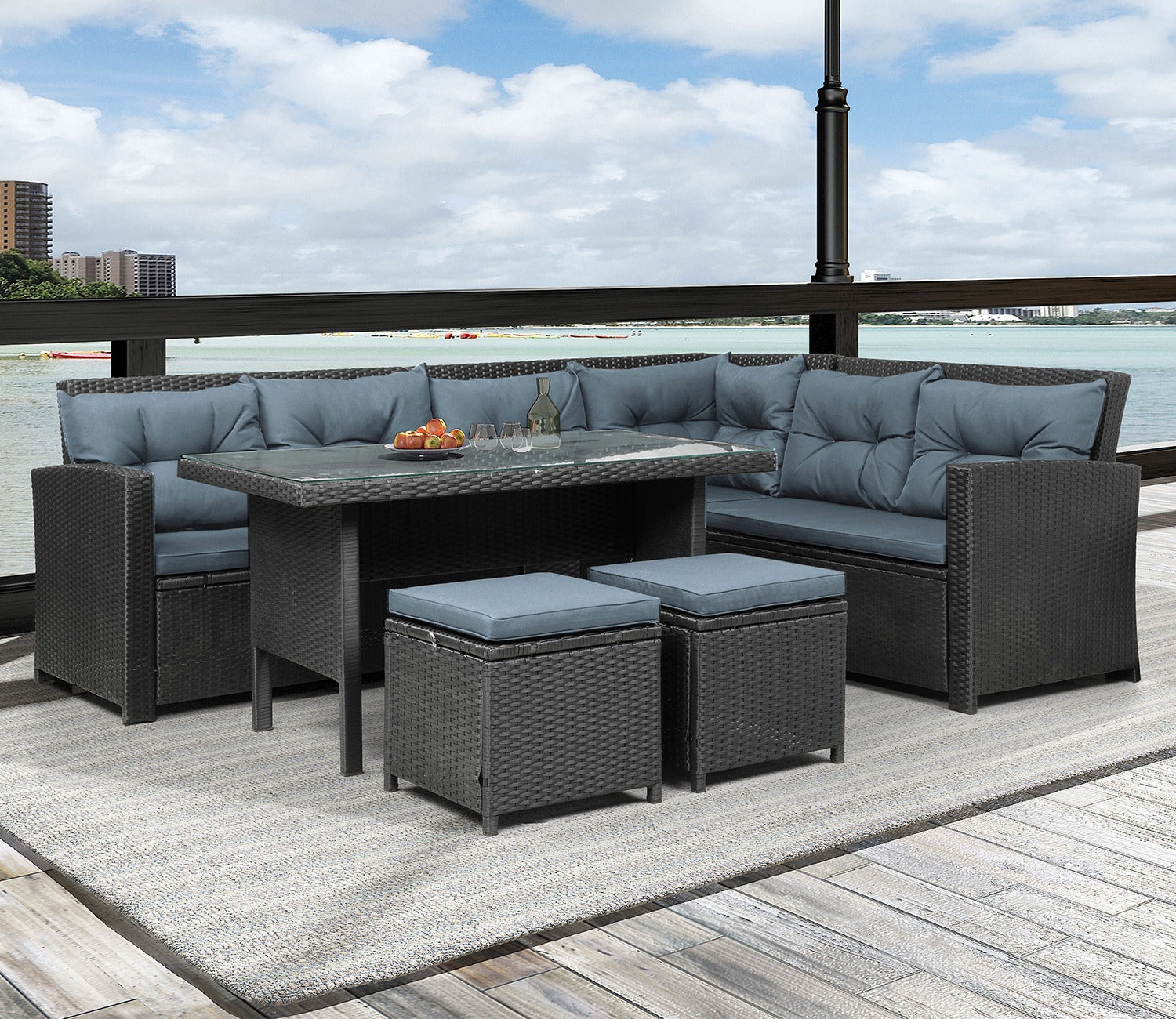 Black Rattan And Wicker 8 Seater Patio Set With Table And Grey Cushions
