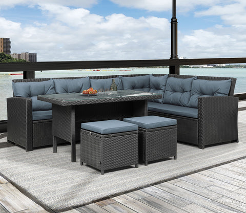 Black Rattan And Wicker 8 Seater Patio Set With Table And Grey Cushions