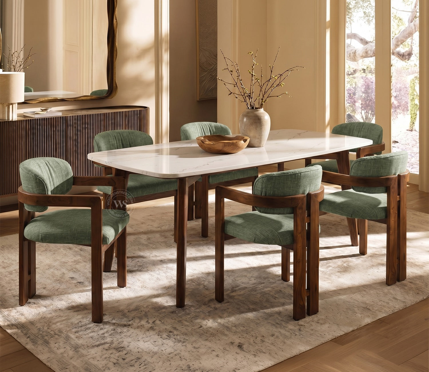 Viraaj 6 Seater Dining Set with Valence Quartz-Top Table and Kaaya Upholstered Chair (Sage Green)