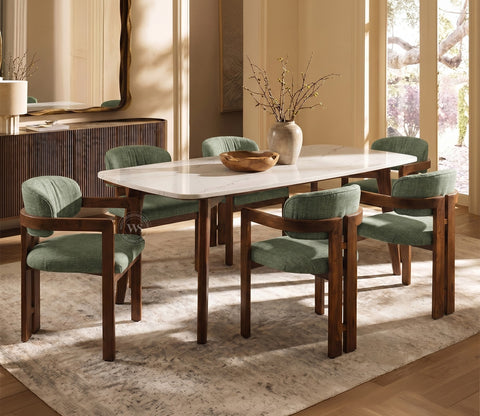 Viraaj 6 Seater Dining Set with Valence Quartz-Top Table and Kaaya Upholstered Chair (Sage Green)