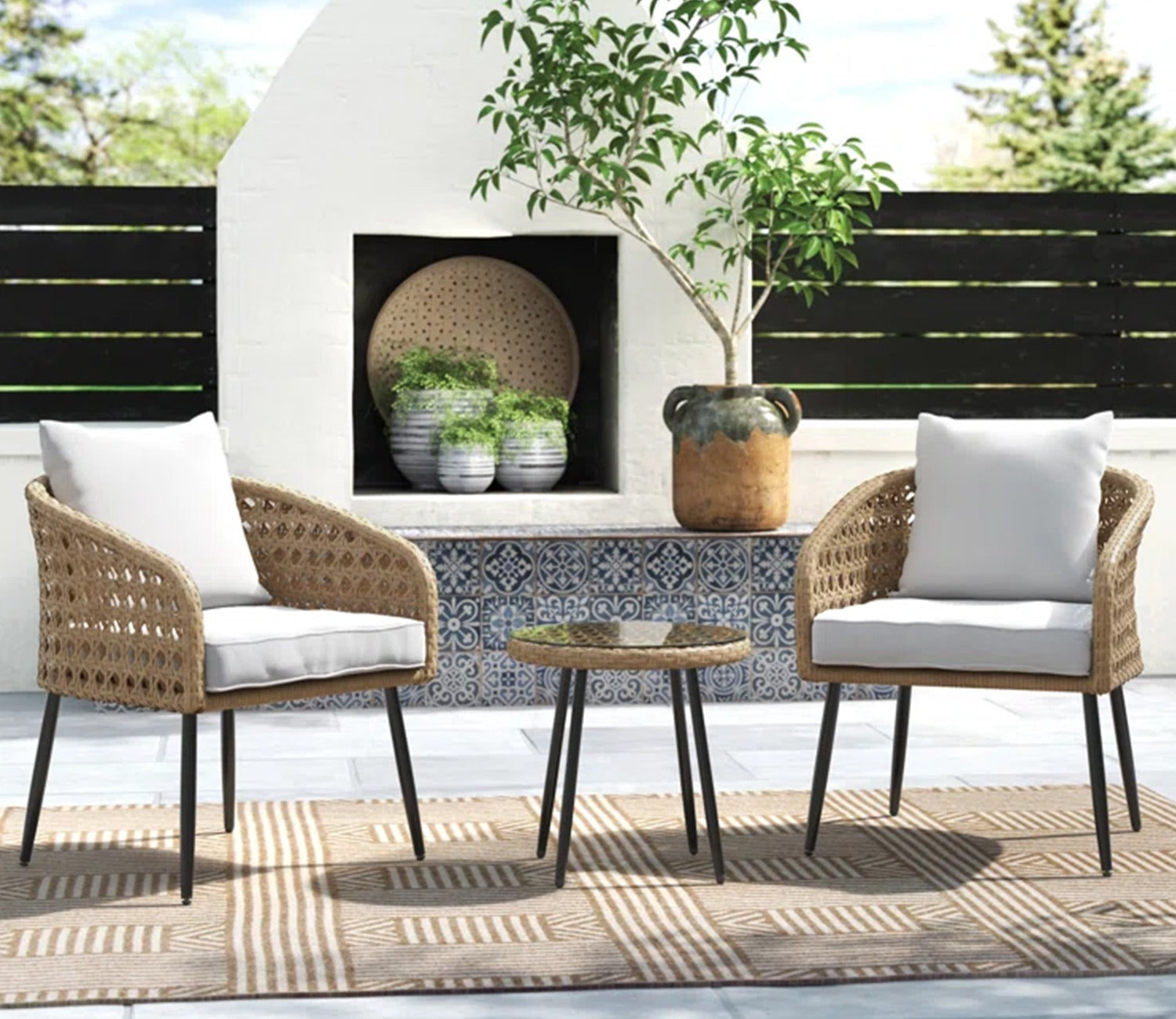 Beige 2 Chairs With Table And Off White Cushions Patio Set