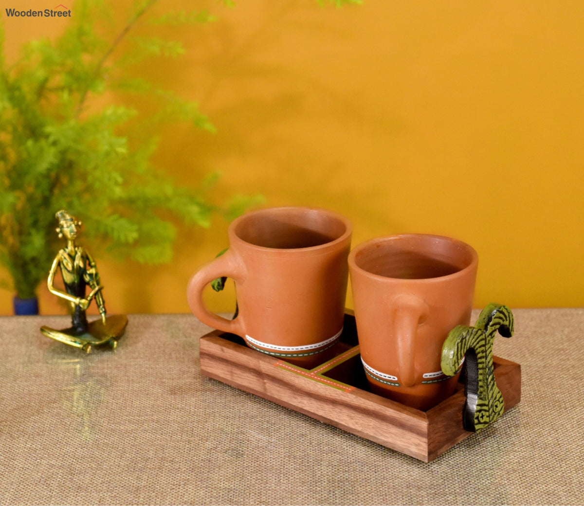 Happy Morning Earthen Coffee Mugs With Metal Handle Tray