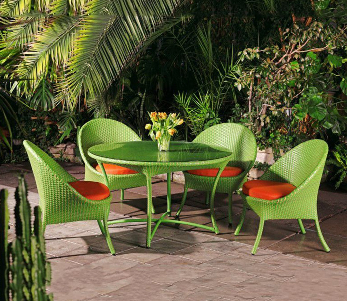 Green And Beige Wicker And Rattan 4 Seater Dining Set With Orange Cushions