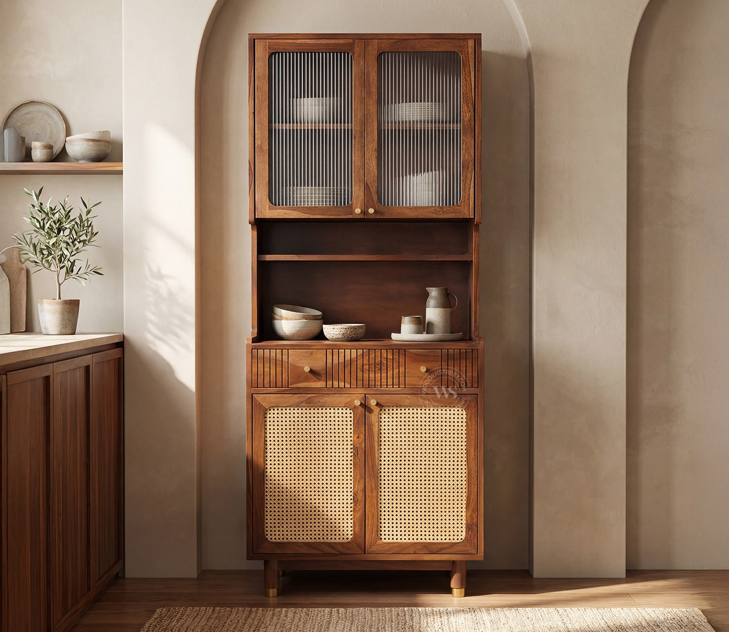 Sanchay Classic Kitchen Cabinet with Fluted Glass, Cane Weave & Brass Knobs (Teak Finish)