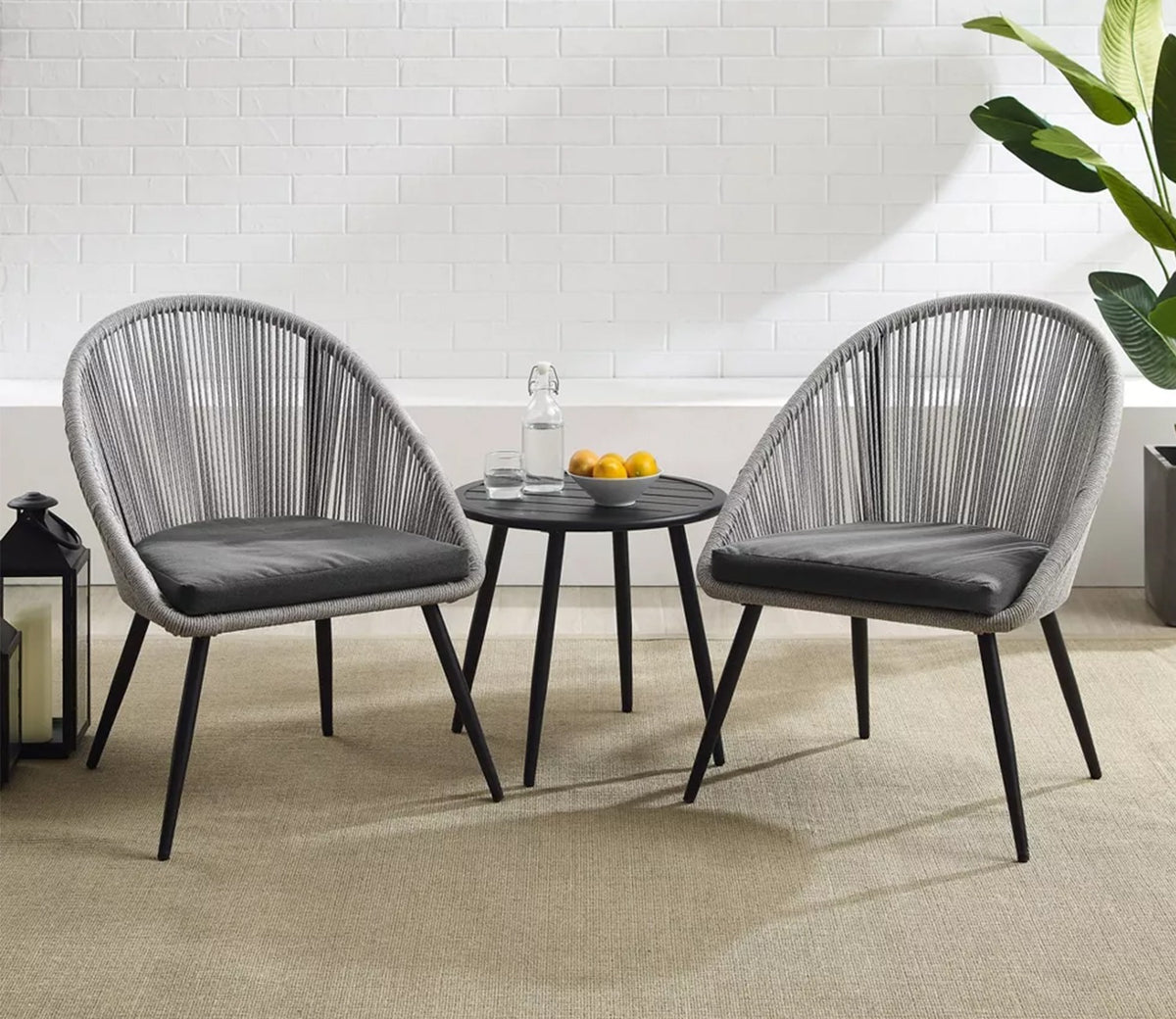 Grey Rope 2 Seater Chair Set With Round Table And Dark Grey Cushions