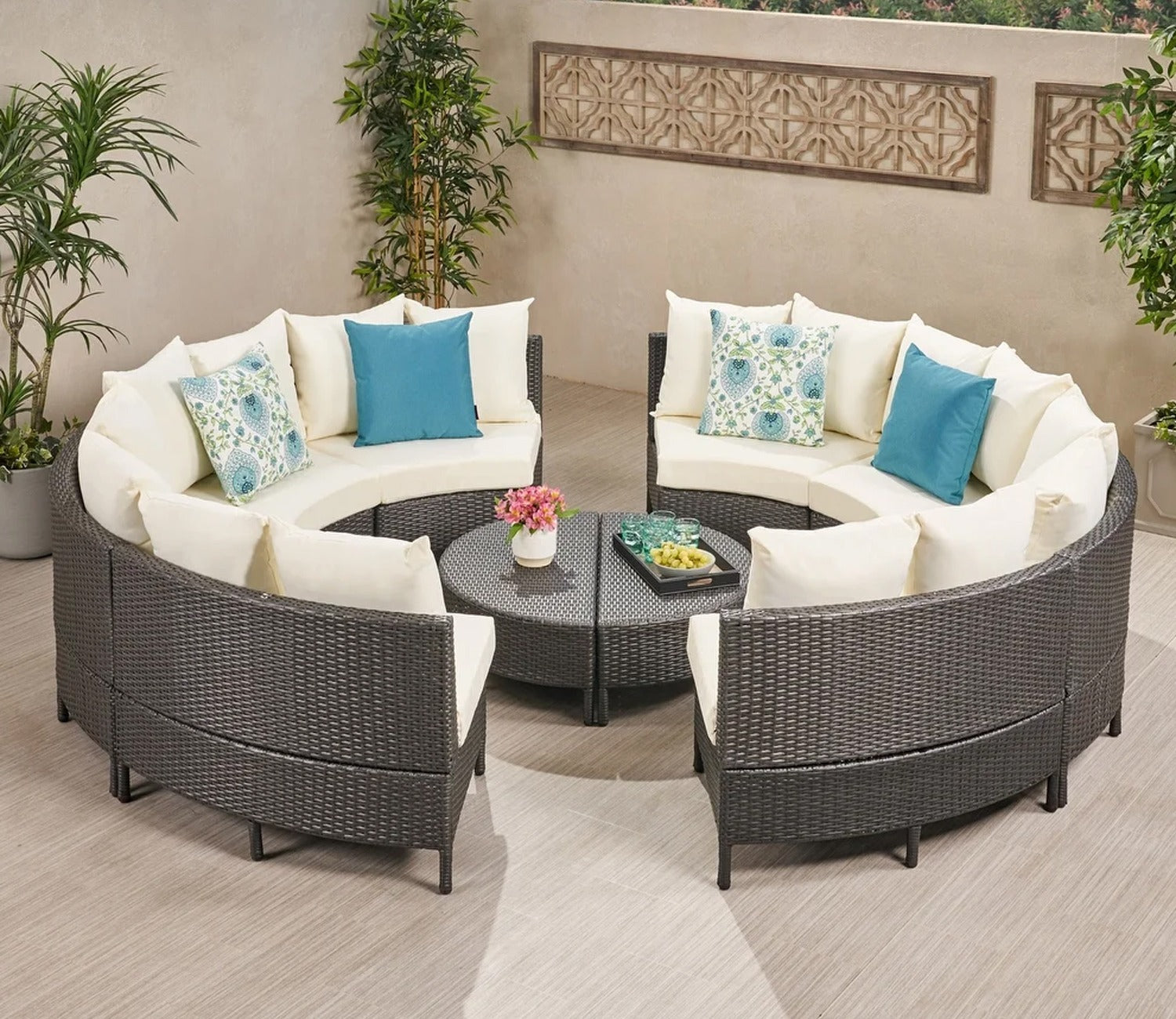 Dark Brown Rattan And Wicker 8 Seater Patio Set With Table And Cream Cushions