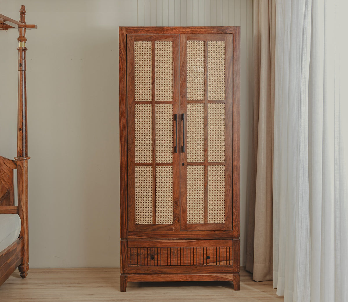 Saanvi Sheesham Wood Wardrobe with Elegant Cane Detailing (Teak Finish)