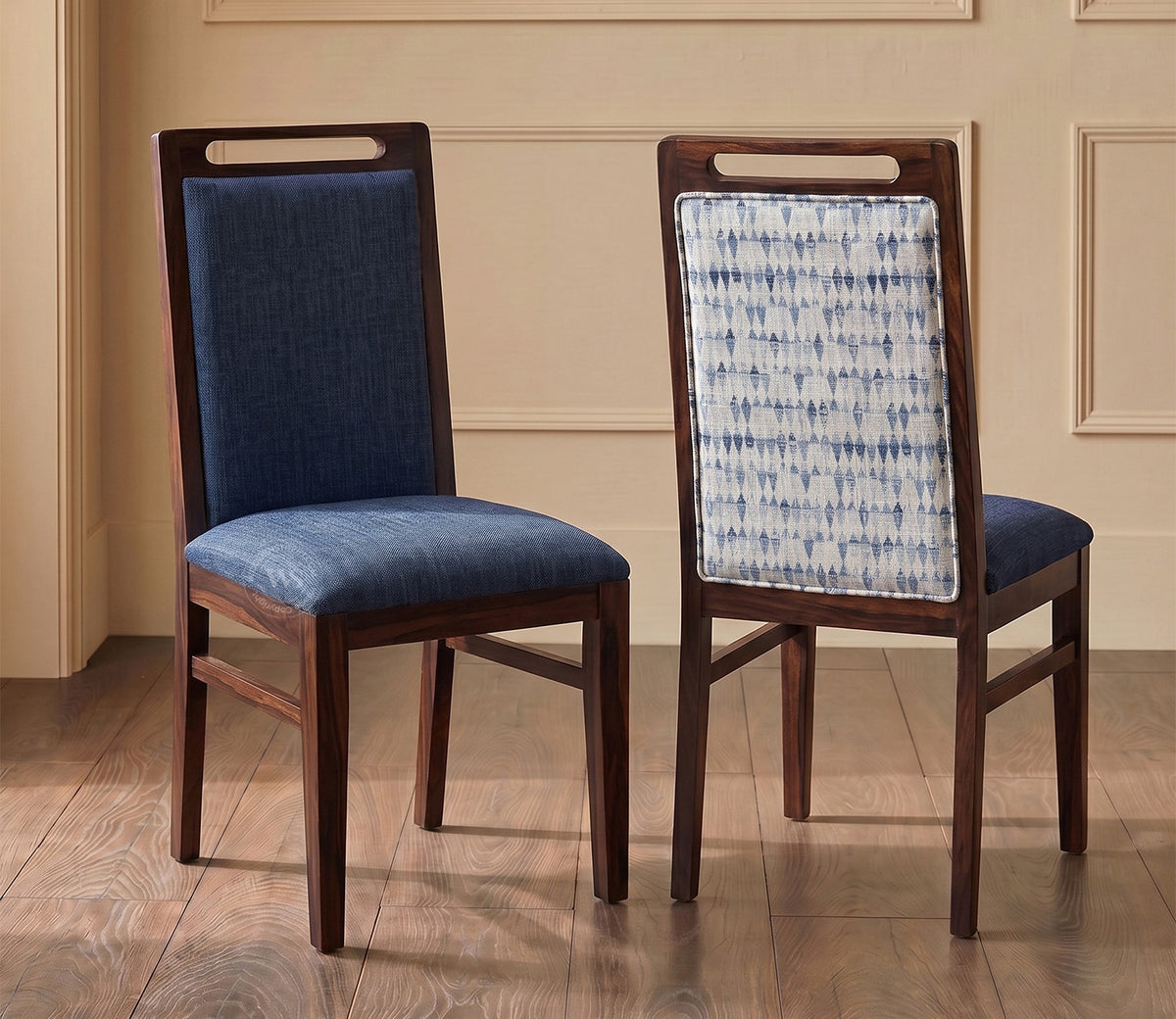 Hazel Sheesham Wood Premium Cotton Cushioned Dining Chair - Set of 2 (Cotton, Walnut Iris Blue)