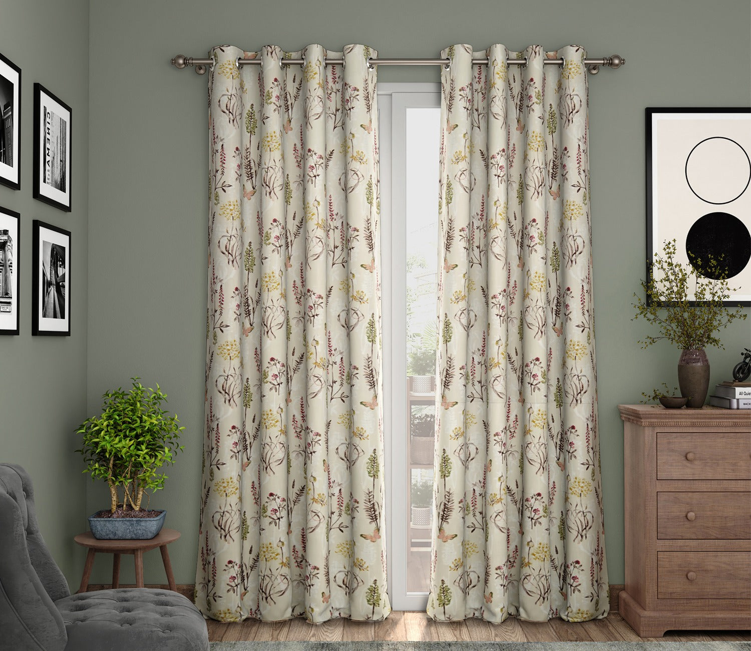 Beige Botanic Mist Floral Print Light-Filtering Door Curtains Set of 2 (Beige, 7 Feet)