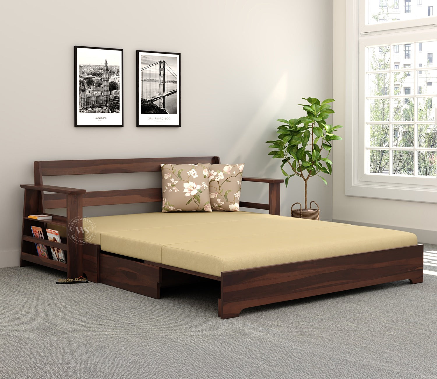 Della Sheesham Wood Sofa Cum Bed With Armrests (Walnut Irish Cream)