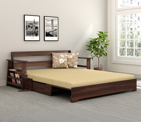 Della Sheesham Wood Sofa Cum Bed With Armrests (Walnut Irish Cream)