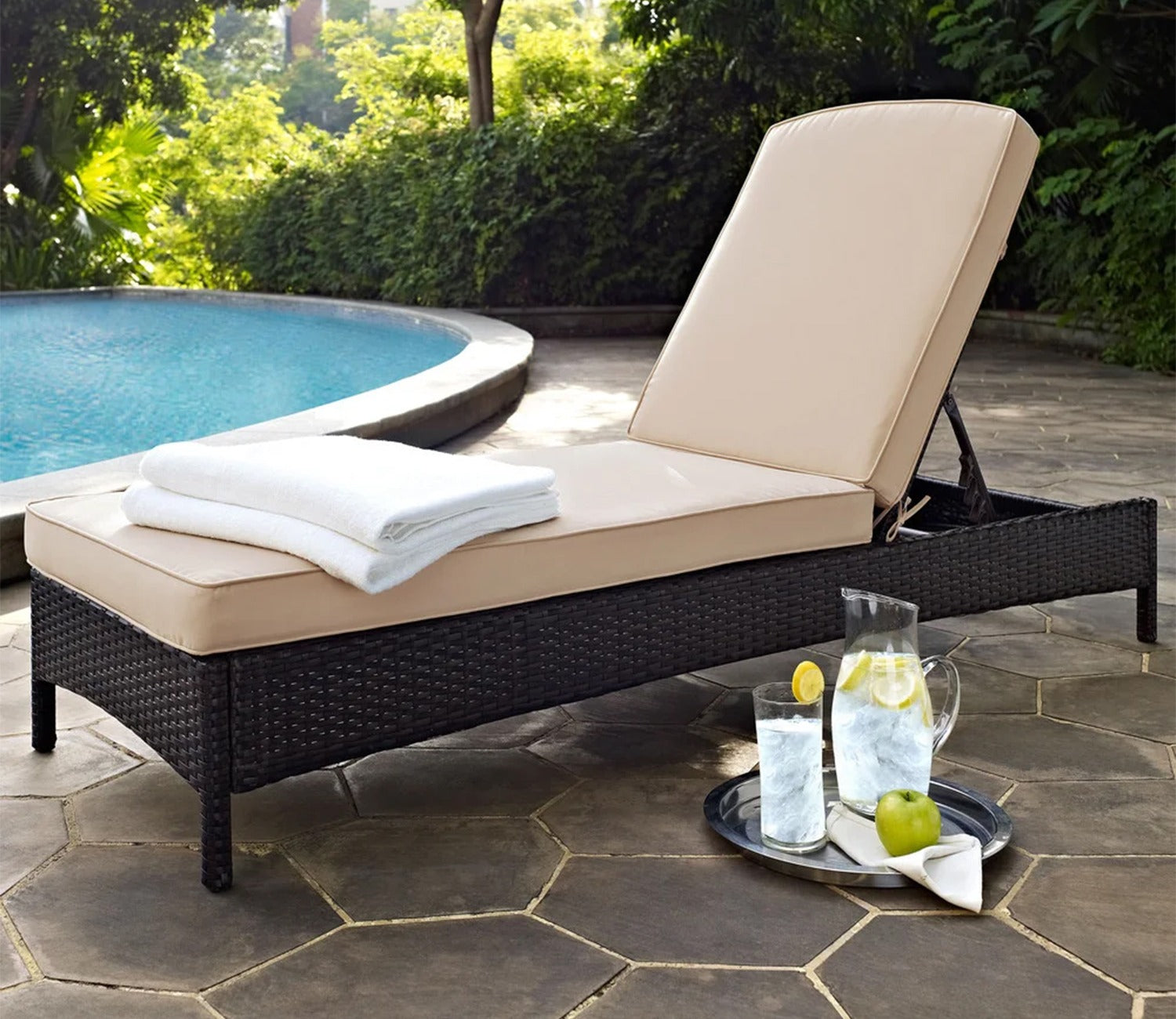 Dark Brown Adjustable Outdoor Lounger With Cream Cushions