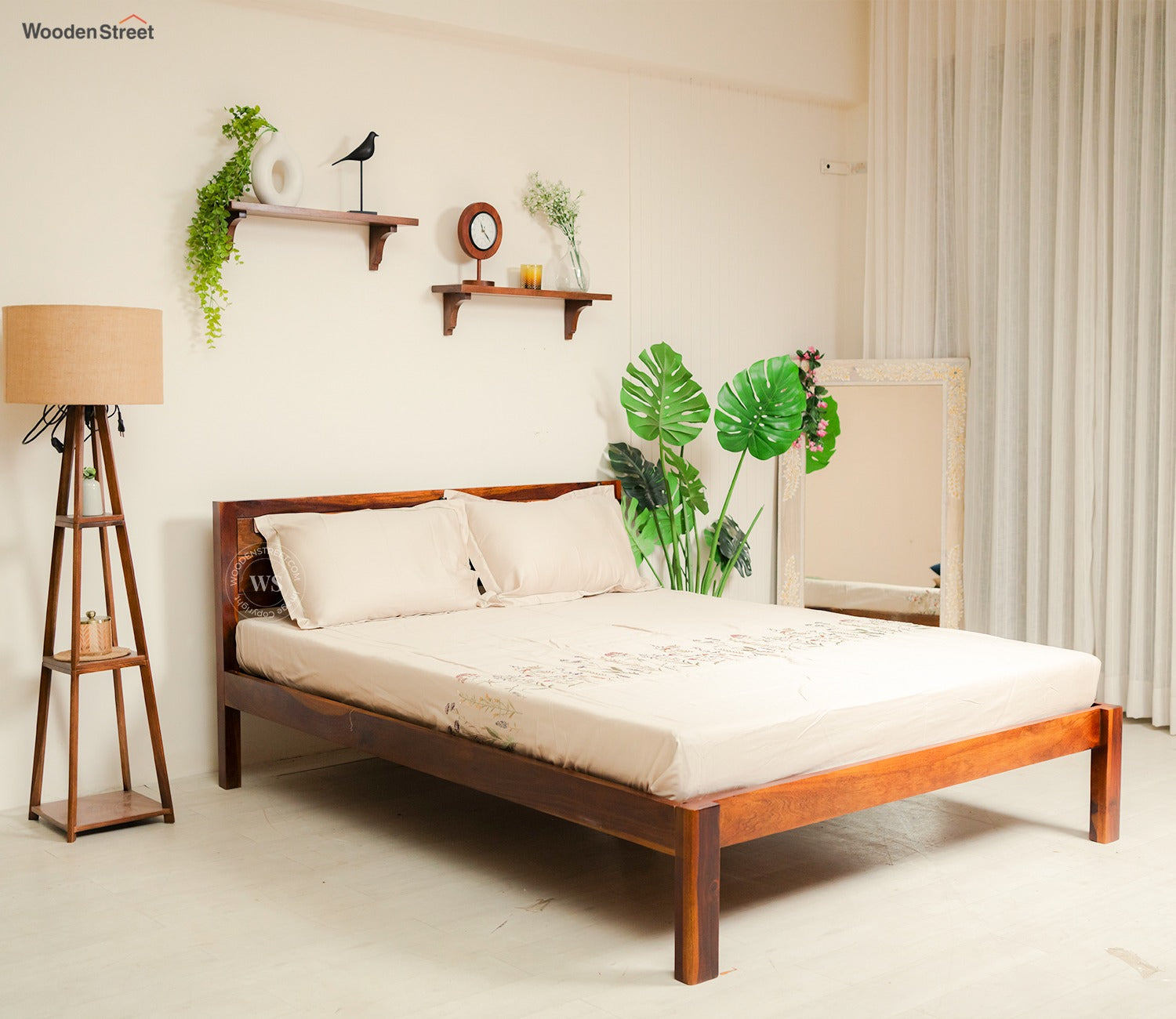 Brixton Sheesham Wood Bed Without Storage (Queen Size, Honey Finish)