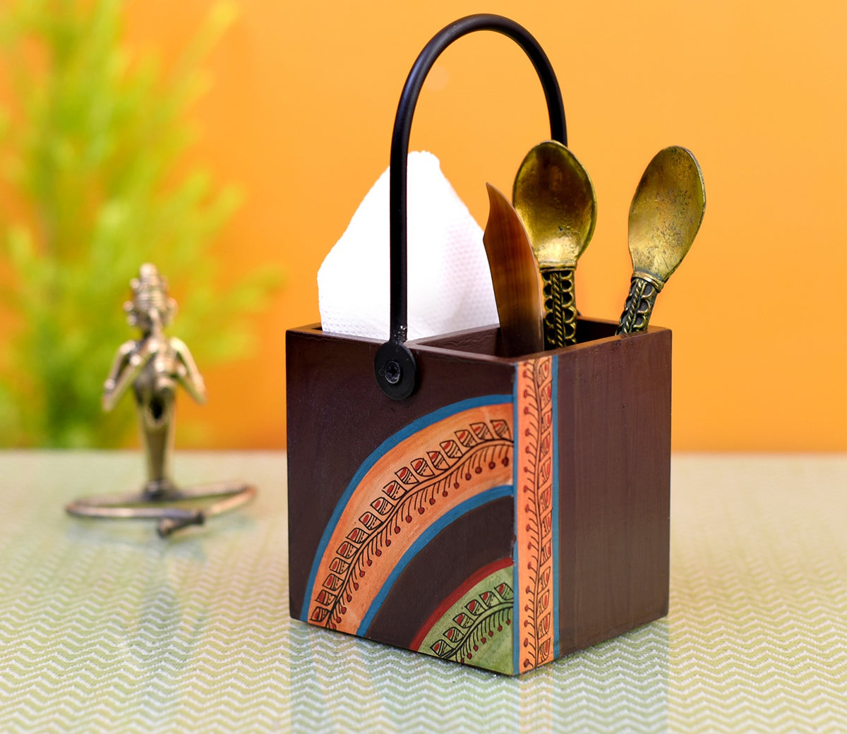 Floral Pattern Handcrafted Wooden Cutlery Stand with Iron Handle