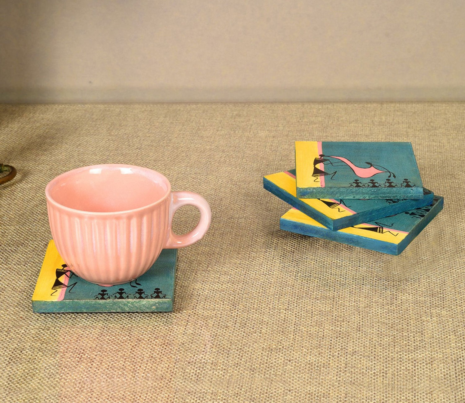 Warli Symphony Wooden Coasters Set Of 4