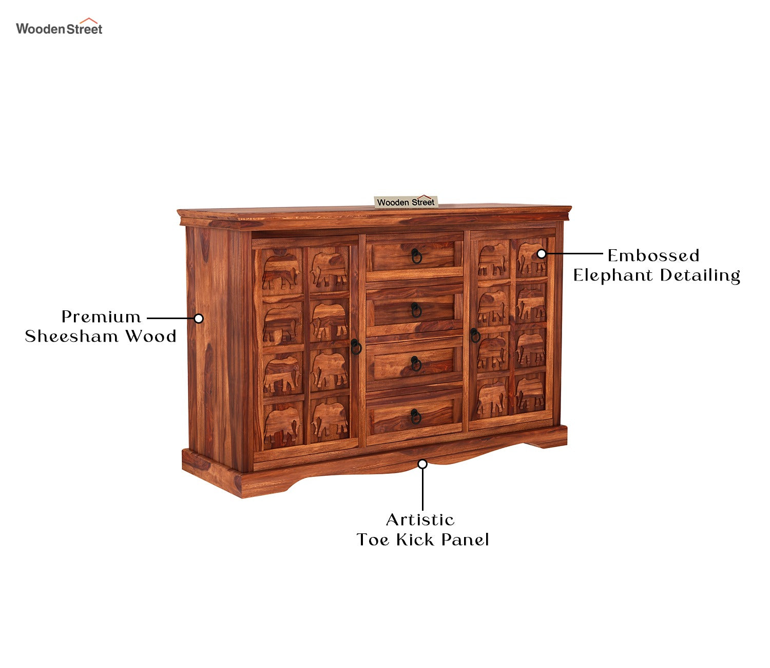 Emboss Sheesham Wooden Cabinet and Sideboard (Honey Finish)