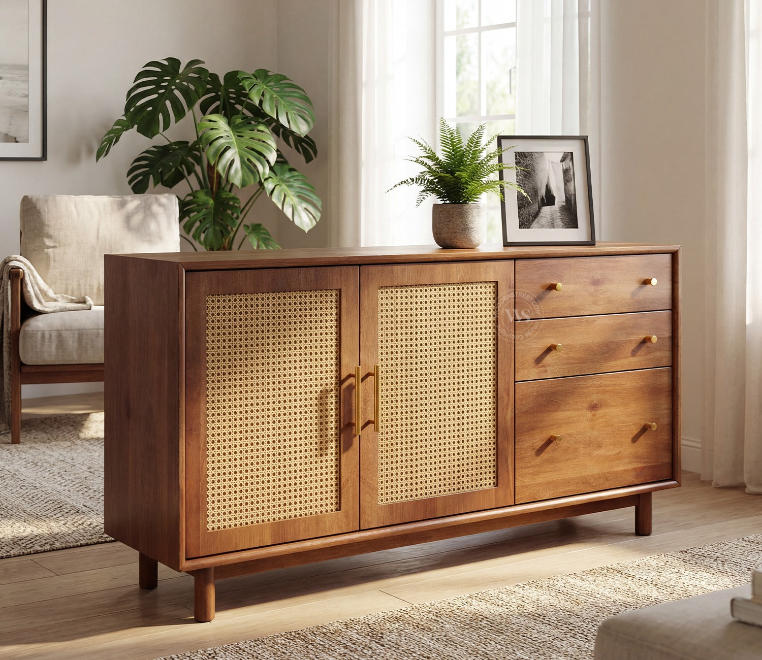 Tanay Mango Wood Sideboard with Cane Accents (Teak Finish)