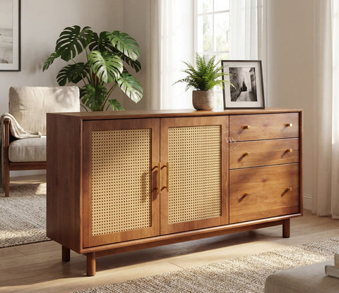 Tanay Mango Wood Sideboard with Cane Accents (Teak Finish)