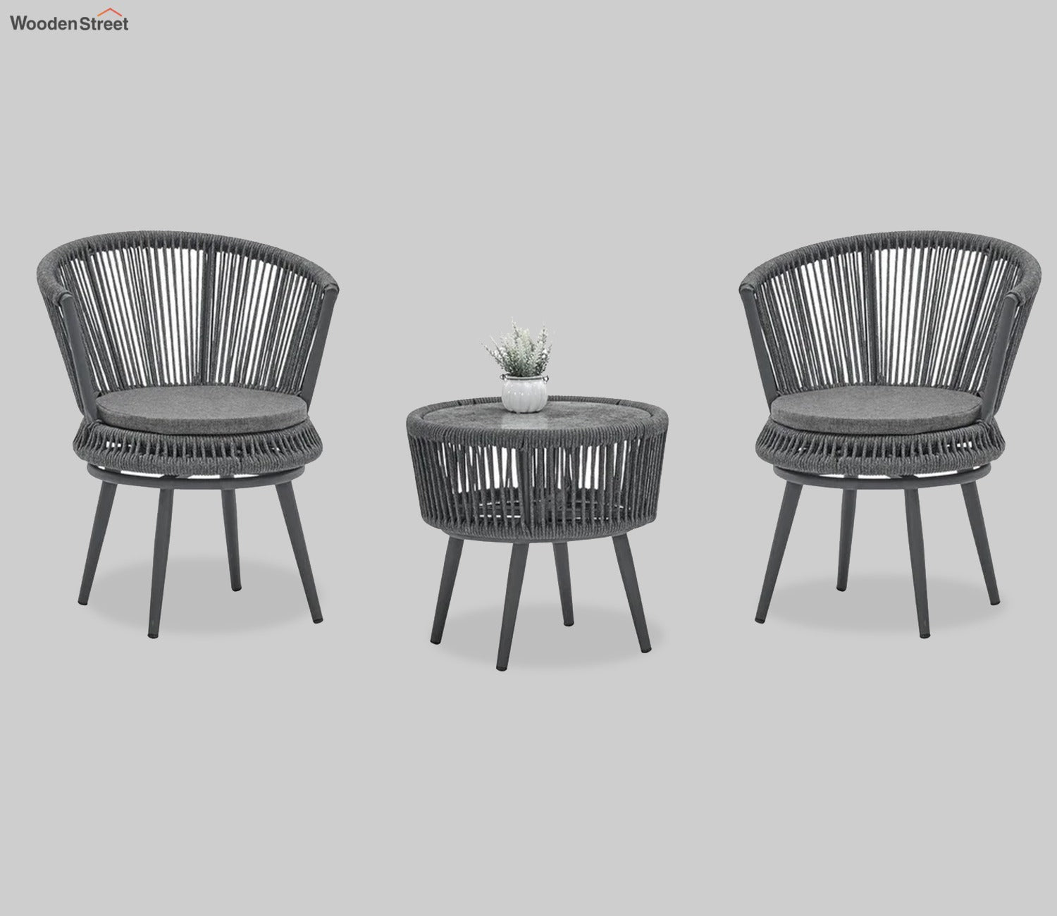 Grey Rope 2 Seater Chair Set With Round Table And Grey Cushions