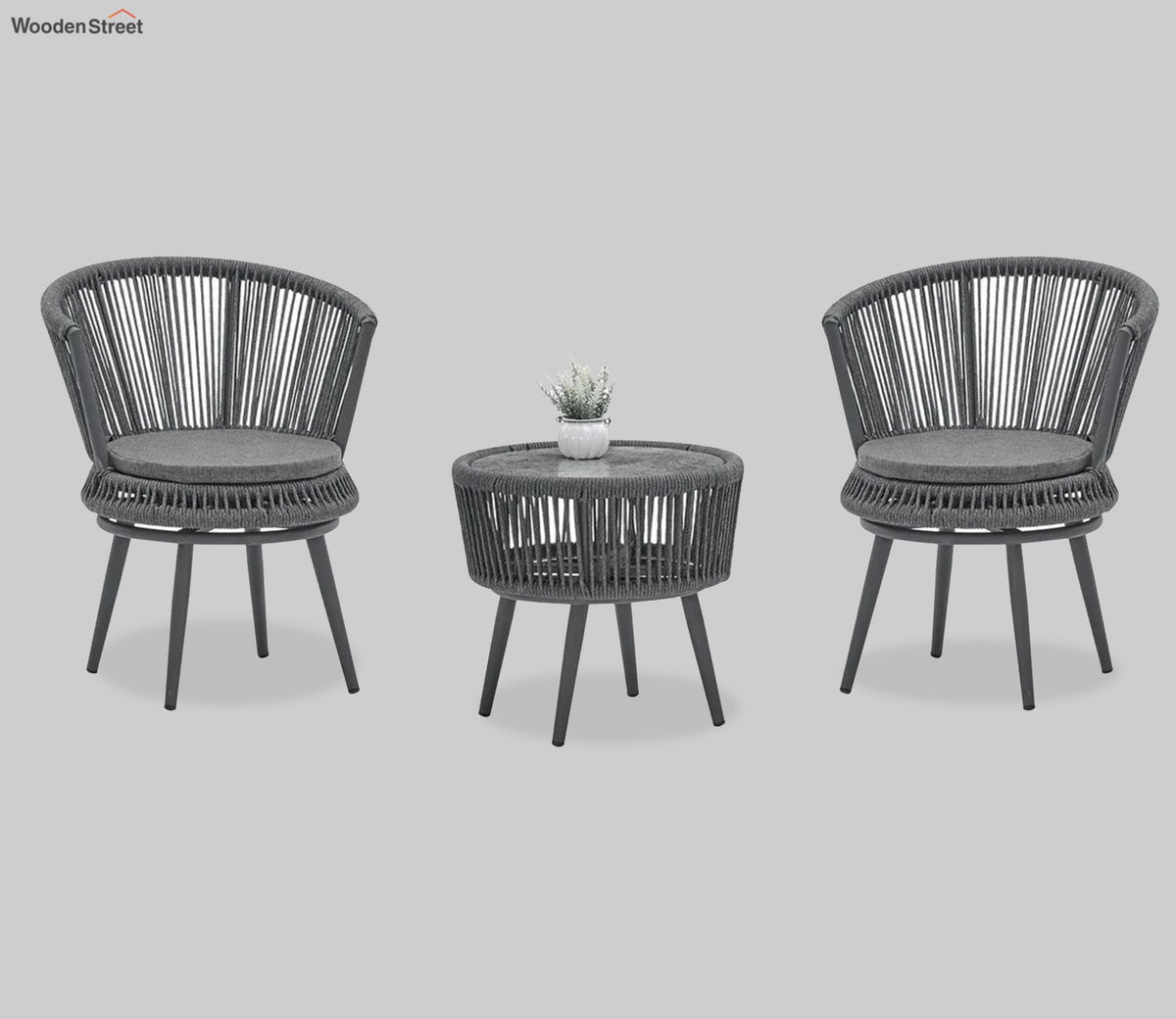 Grey Rope 2 Seater Chair Set With Round Table And Grey Cushions