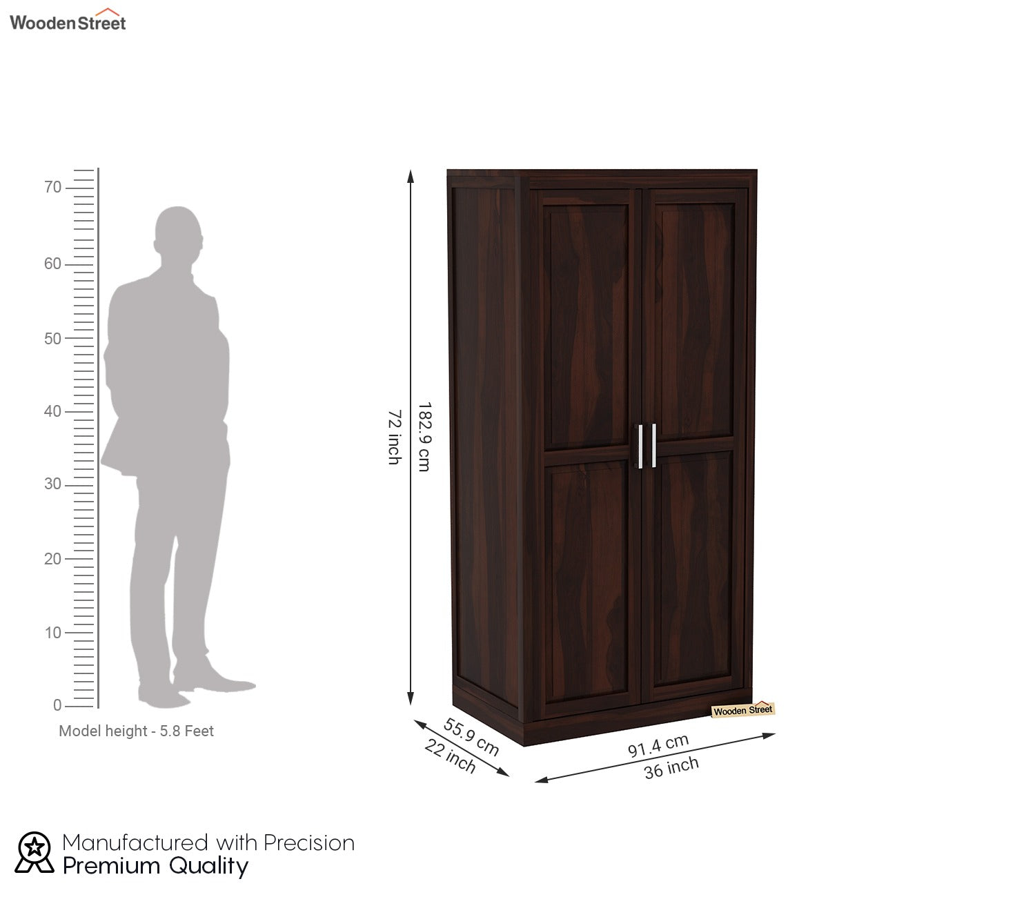Nixon Solid Wood 2 Door Cupboard (Walnut Finish)