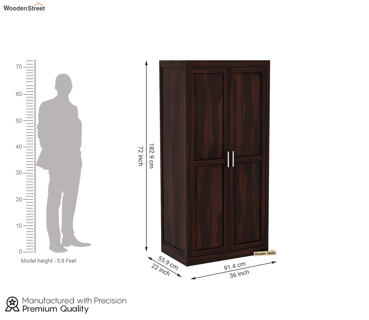 Nixon Solid Wood 2 Door Cupboard (Walnut Finish)