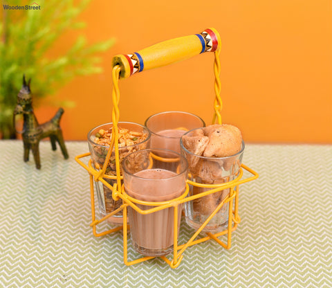 Cutting Chai in Yellow Handpainted Metal Stand - Set of 4