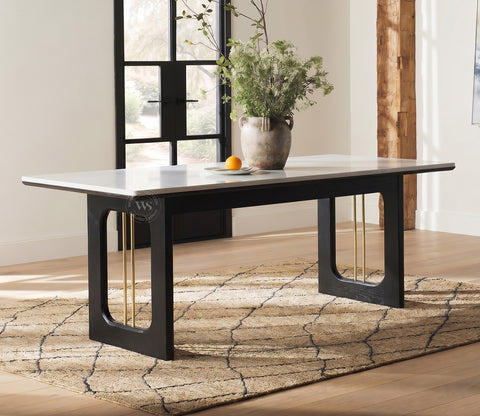 Mishaan Designer 6 Seater Sheesham Wood Dining Table with Quartz Top with Brass Accent (Black Finish)