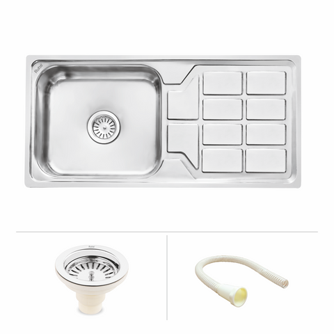 Trueliving Modern Silver_Square Single Bowl (45 x 20 x 9 Inches) Premium Stainless Steel Kitchen Sink with Drainboard