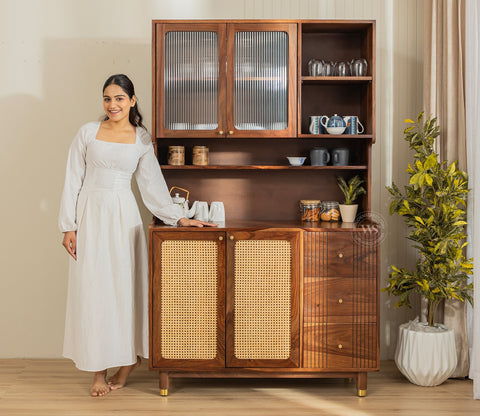 Tripti Classic Kitchen Cabinet with Fluted Glass, Cane Weave & Brass Knobs (Teak Finish)