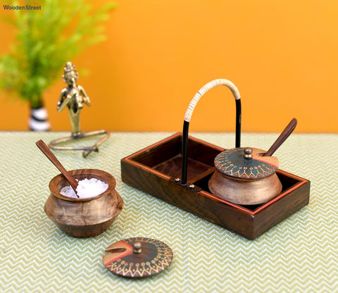 Brown Wooden Handi Set With Stylish Metal Handle Tray