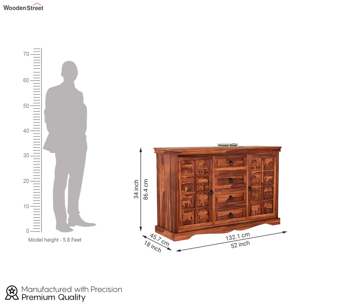 Emboss Sheesham Wooden Cabinet and Sideboard (Honey Finish)