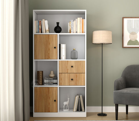 Sheldon Modern Bookshelf with Open & Closed Storage, Textured Fronts (Engineered Wood, Santana Pattern)