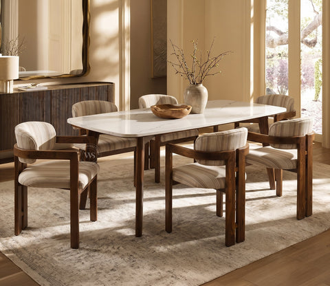 Viraaj 6 Seater Dining Set with Valence Quartz-Top Table and Kaaya Upholstered Chair (Cream Stripe)