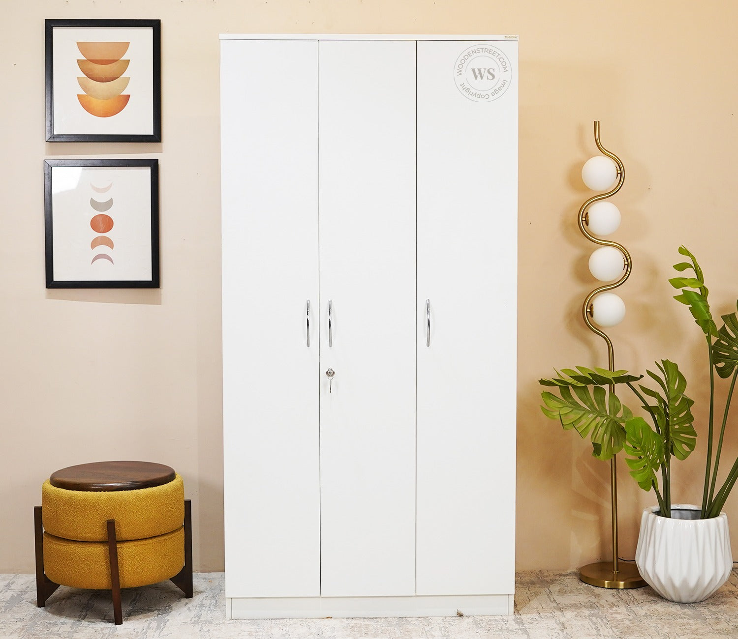 Kayden 3 Door Multi Utility Wardrobe With Lock (Frosty White Finish)