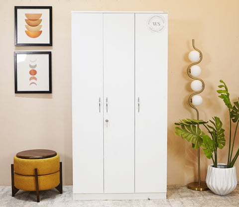 Kayden 3 Door Multi Utility Wardrobe With Lock (Frosty White Finish)