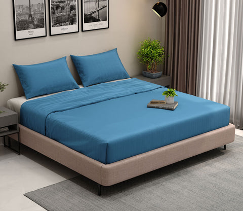 Vegan Dobby Organic Bamboo King Size Bed Sheet with 2 Pillowcases (Blue)