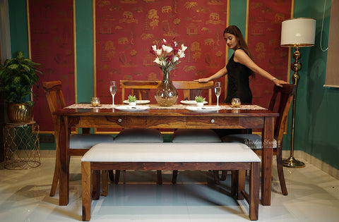 Mcbeth - Sofie Storage 6 Seater Dining Table Set With Mcbeth Bench (Honey Finish)