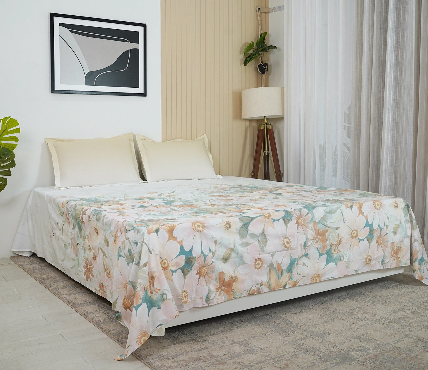 Falling Buds 144 TC Flat Pure Cotton King Size Bedsheet With 2 Pillow Covers (Blue)